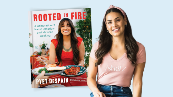 cookbook cover titled Rooted in Fire by Pyet DeSpain next to photo of Pyet DeSpain