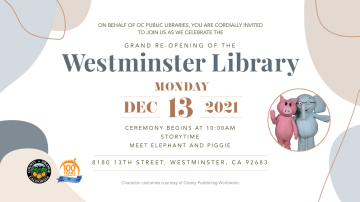 Westminster Library Grand Re-Opening banner