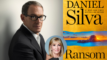 photo of author Daniel Silva next to a photo of book cover titled "Ransom." Between headshot and book cover, a smaller photo of CNN reporter Jamie Gangel.