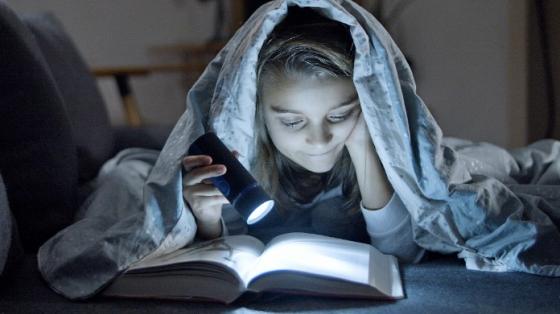 Girl reading with flashlight under the covers