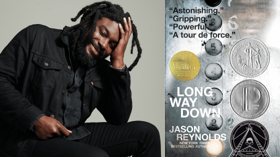 photo of author Jason Reynolds next to photo of book cover titled "Long Way Down"