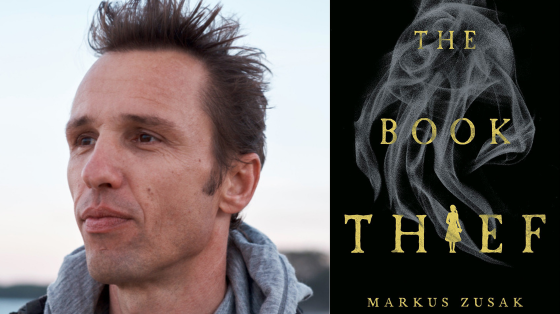 Photo of author Markus Zusak next to photo of book cover titled "The Book Thief" 