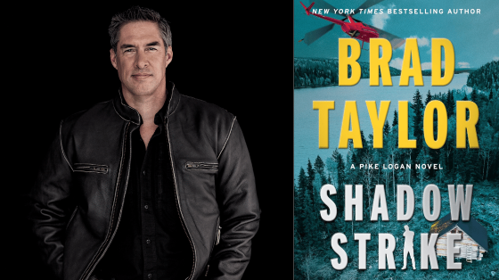 Photo of author Brad Taylor next to photo of book cover titled "Shadow Strike" featuring a helicopter flying over a house in a forest next to a lake