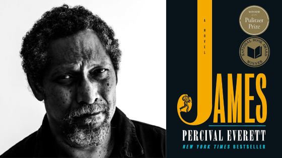 headshot of author Percival Everett next to photo of book cover titled "James"