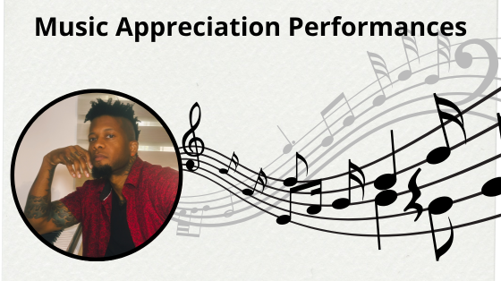 photo of pianist Jericho Law overlapping graphic of music lines. Text above reads: Music Appreciation Performances