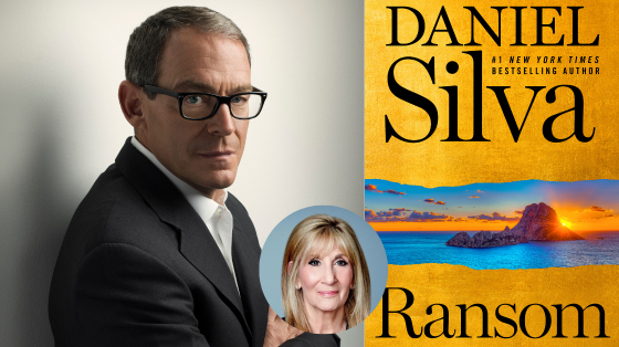 photo of author Daniel Silva next to a photo of book cover titled "Ransom." Between headshot and book cover, a smaller photo of CNN reporter Jamie Gangel.