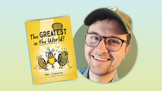 Photo of book cover titled "The Greatest in the World!" next to headshot of the author, Ben Clanton