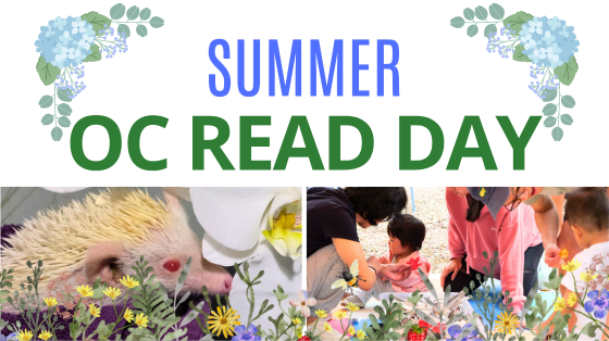 text reads "SUMMER OC READ DAY" between two illustrations of hydrangeas. Below, a photo of a hedgehog next to a photo of people gathered. Overlapping the photos, illustration of foliage lines the bottom edge.