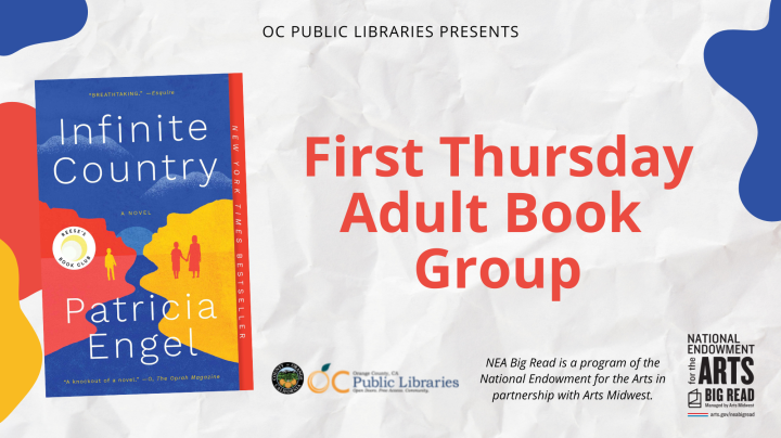 First Thursday Adult Book Group flyer with cover of novel Infinite Country by Patricia Engel