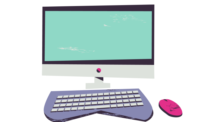 A cartoon drawing of a computer monitor, keyboard, and mouse