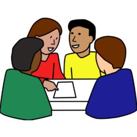4 people talking around a table