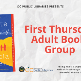 First Thursday Adult Book Group flyer with cover of novel Infinite Country by Patricia Engel