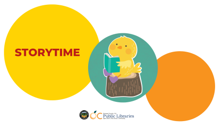 Storytime image with a graphic of a chick reading a book