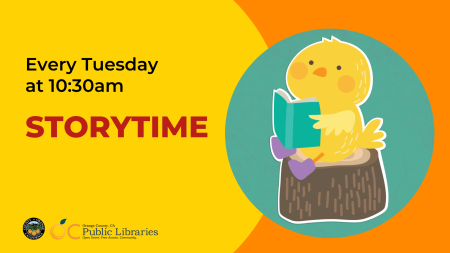 Storytime image with a graphic of a chick reading a book