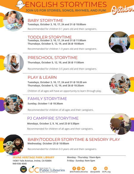 Storytimes, Irvine Heritage Park Library, October dates