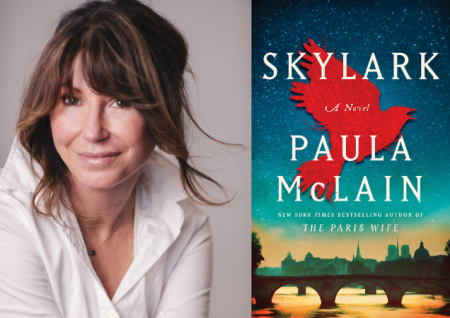 photo of author Paula McLain next to book cover titled Skylark
