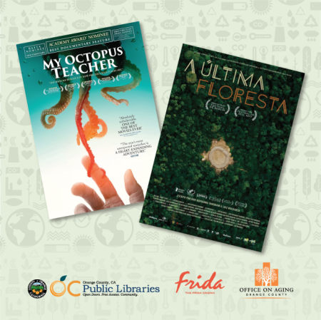 Photo of movie poster for "My Octopus Teacher" depicting tentacles wrapping around finger of human hand next to poster for the film titled "A Ultima Floresta" depicting a green forest from above with a clearing in the middle.