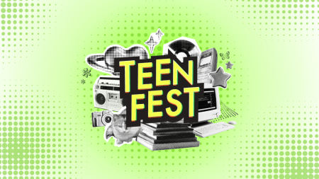 Background is of green dots clustered. Centered are retro images of a radio, camera, books, cell phone, computer, and record. Text overlapping reads: "TEENFEST"