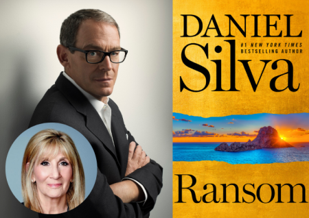 photo of author Daniel Silva next to a photo of book cover titled "Ransom." Bottom right corner, a smaller photo of CNN reporter Jamie Gangel.